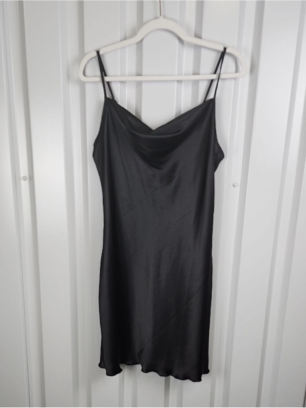 bebe Women's Y2K Vintage Black Satin Mini Slip Dress with Cowl Neck Size Large - Picture 2 of 9